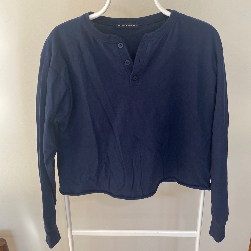 Brandy Melville Henley Long Sleeve Cropped Shirt Navy
